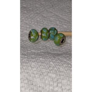 NEW SET OF 4 PANDORA MURANO BEADS - LT GREEN PURPLE W/BLUE & WHITE SWIRLS - BEAU
